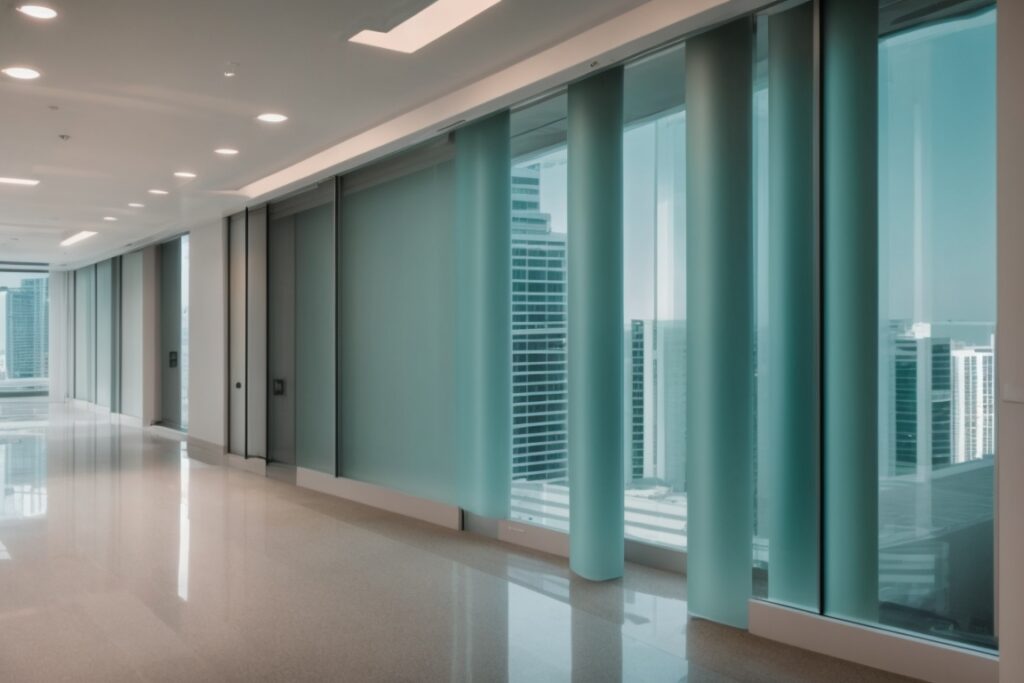 Miami building interior with frosted privacy window film, reducing glare and enhancing privacy