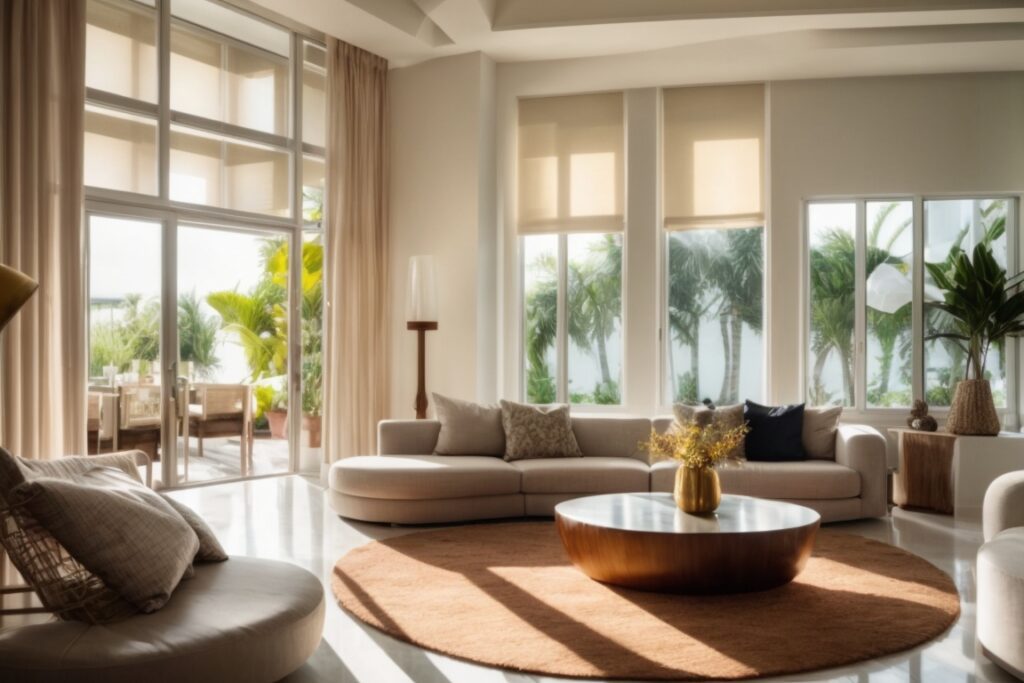 Interior of a Miami home with sunlight filtering through opaque windows, protecting furniture