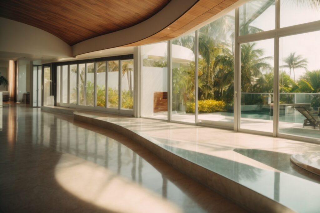 Miami beachfront home interior with sunlight filtering through window film