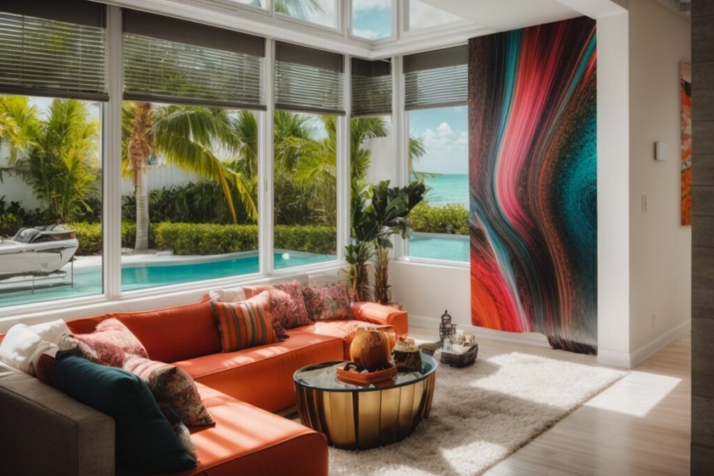 Miami home interior with vibrant artwork and furniture protected by fading window film