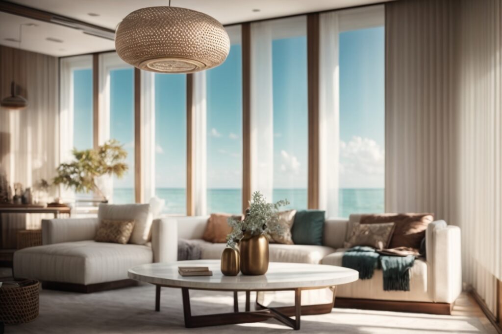 Miami home interior with opaque frosted window film, soft diffused sunlight illuminating a stylish living space