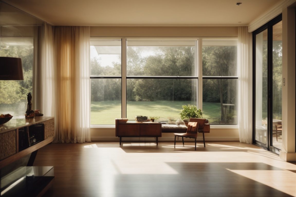 Residential home interior with visible Low-E window film reflecting sunlight