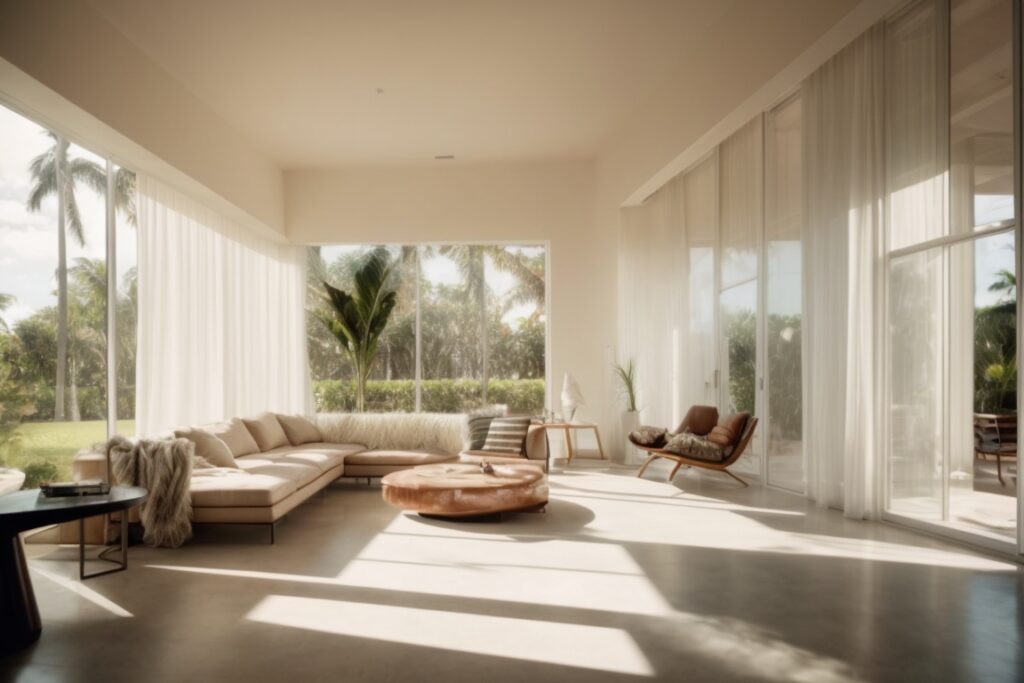 Miami home interior with sunlight filtering through decorative film on windows