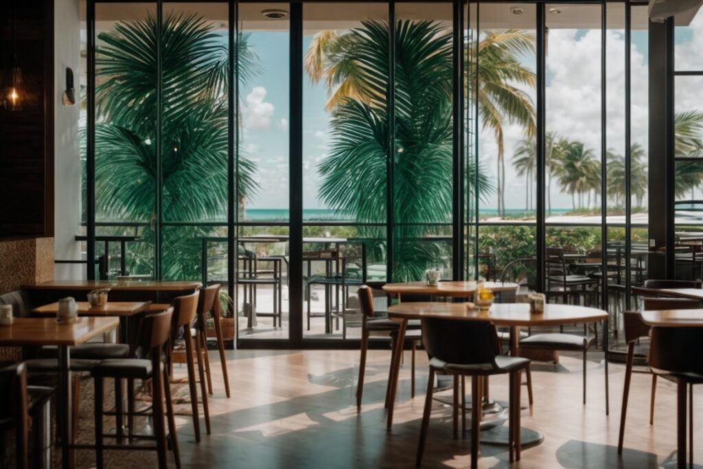 Miami café interior with decorative window film featuring palm patterns