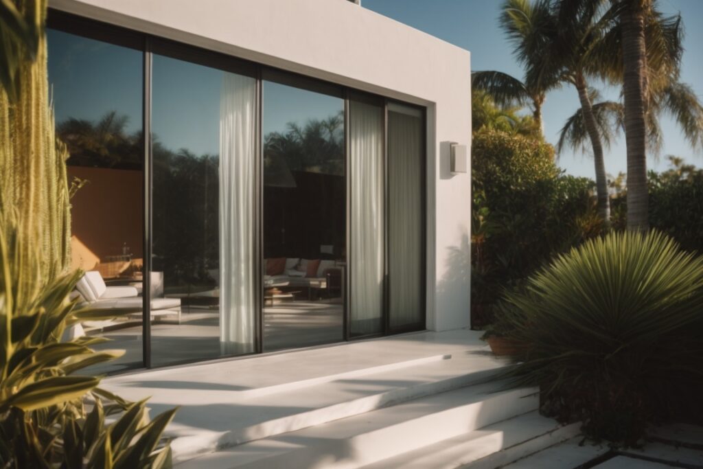 Miami home with frosted privacy window film, reflecting harsh sunlight