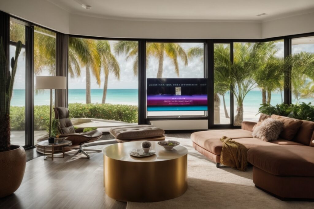 Miami living room with glare reduction window film, comfortable family watching TV