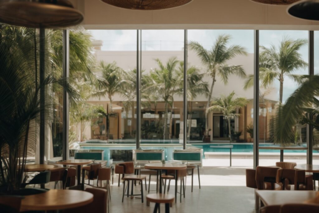 Miami café interior with precision window tinting, protecting against UV damage
