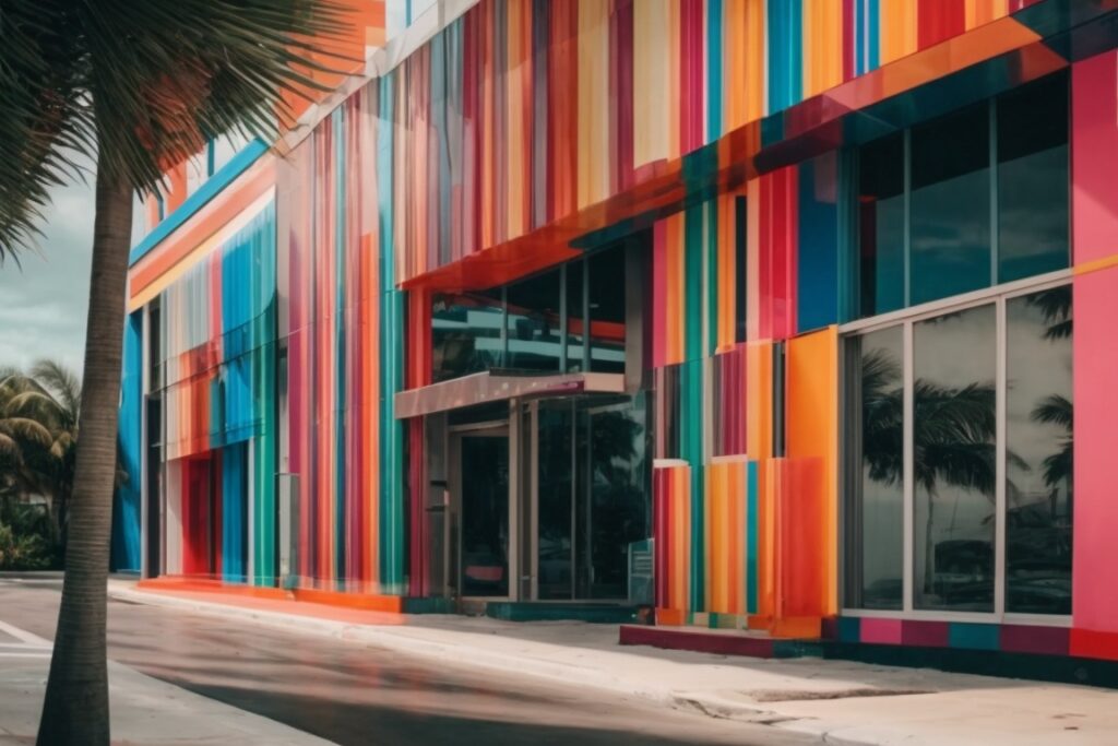 Colorful Miami building with vibrant vinyl wraps and weather-resistant features