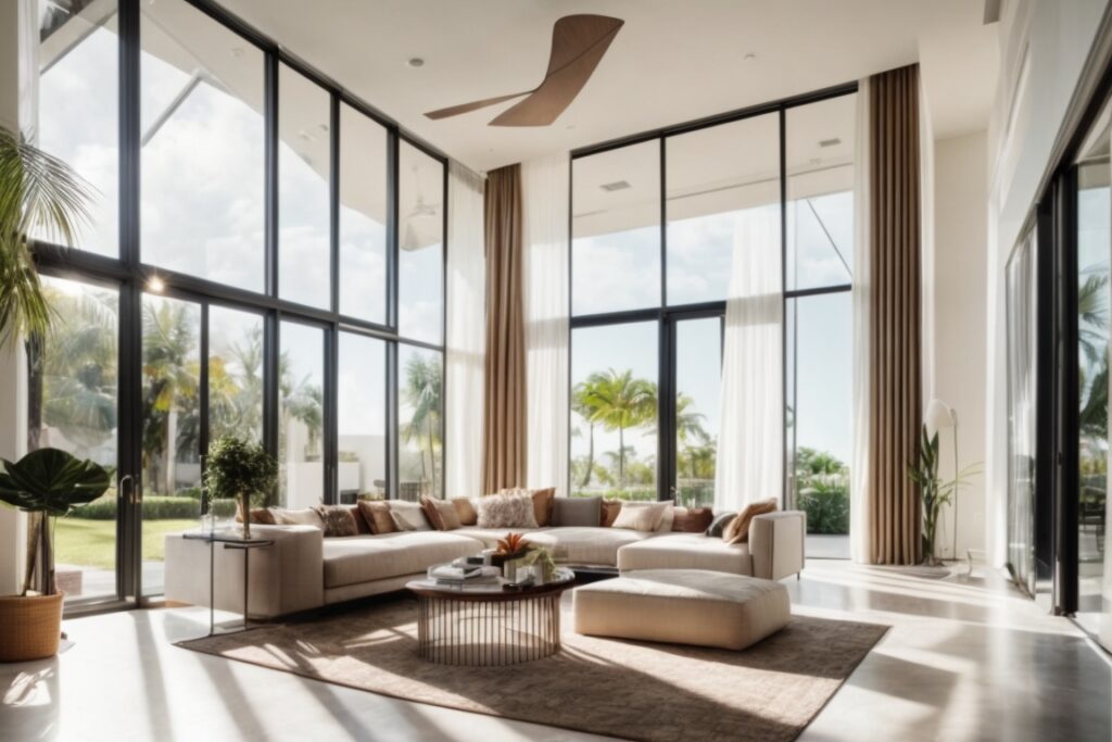 Modern Miami home with energy-efficient window film, sun shining brightly, comfortable living room interior