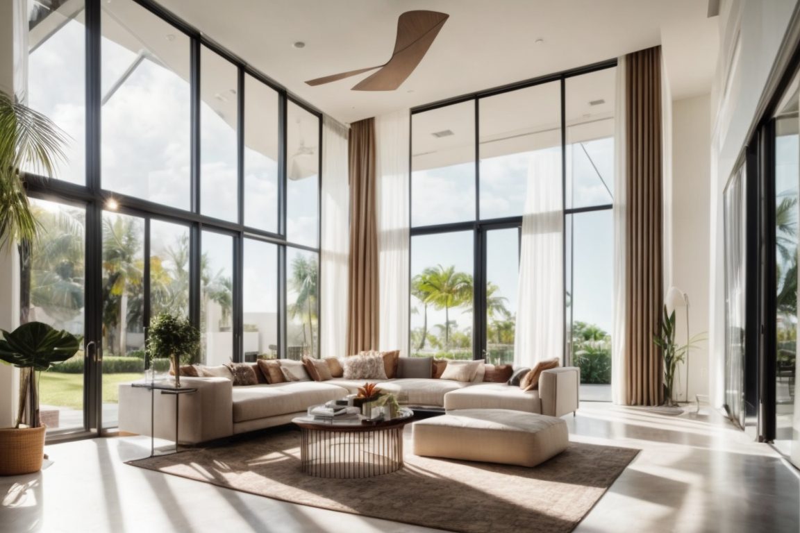 Modern Miami home with energy-efficient window film, sun shining brightly, comfortable living room interior
