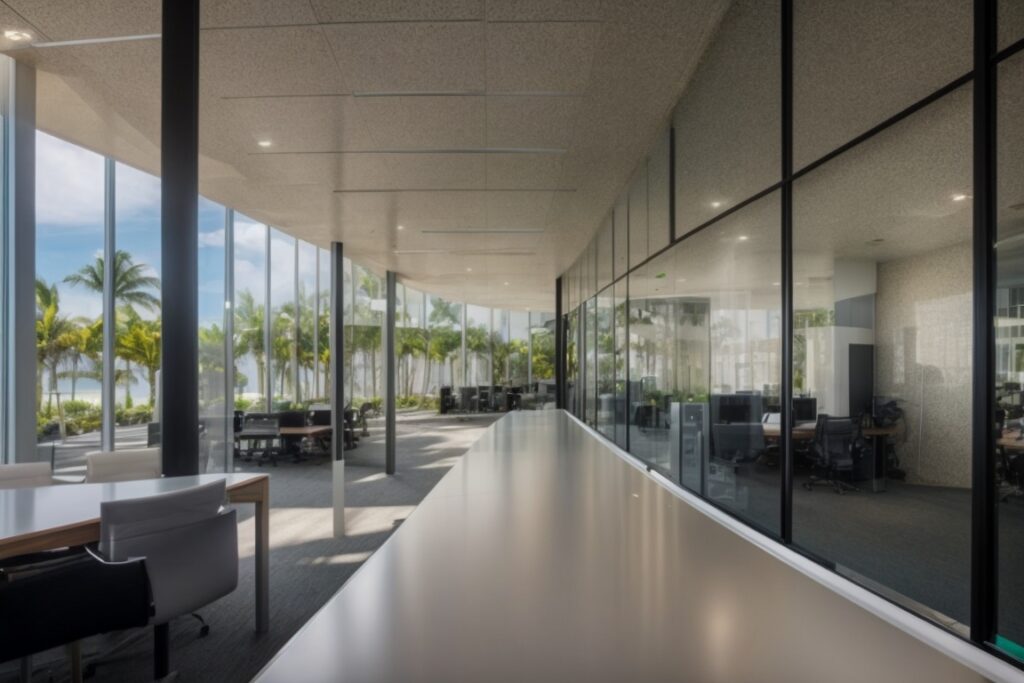 Miami office with decorative opaque window films reducing glare