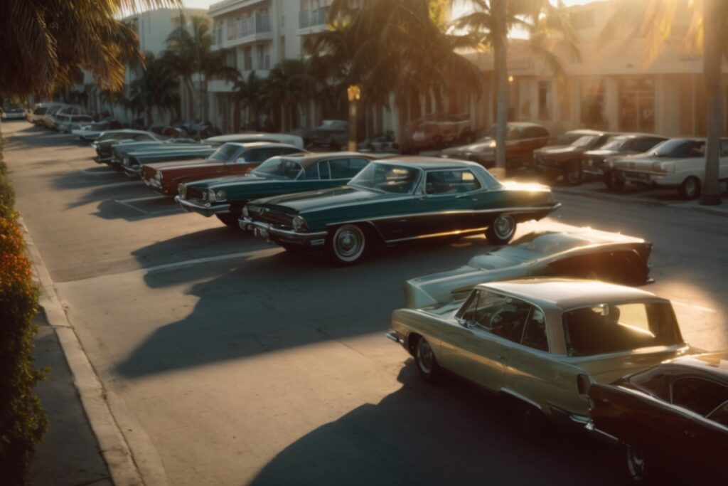 Miami street with cars having tinted windows under warm sunlight