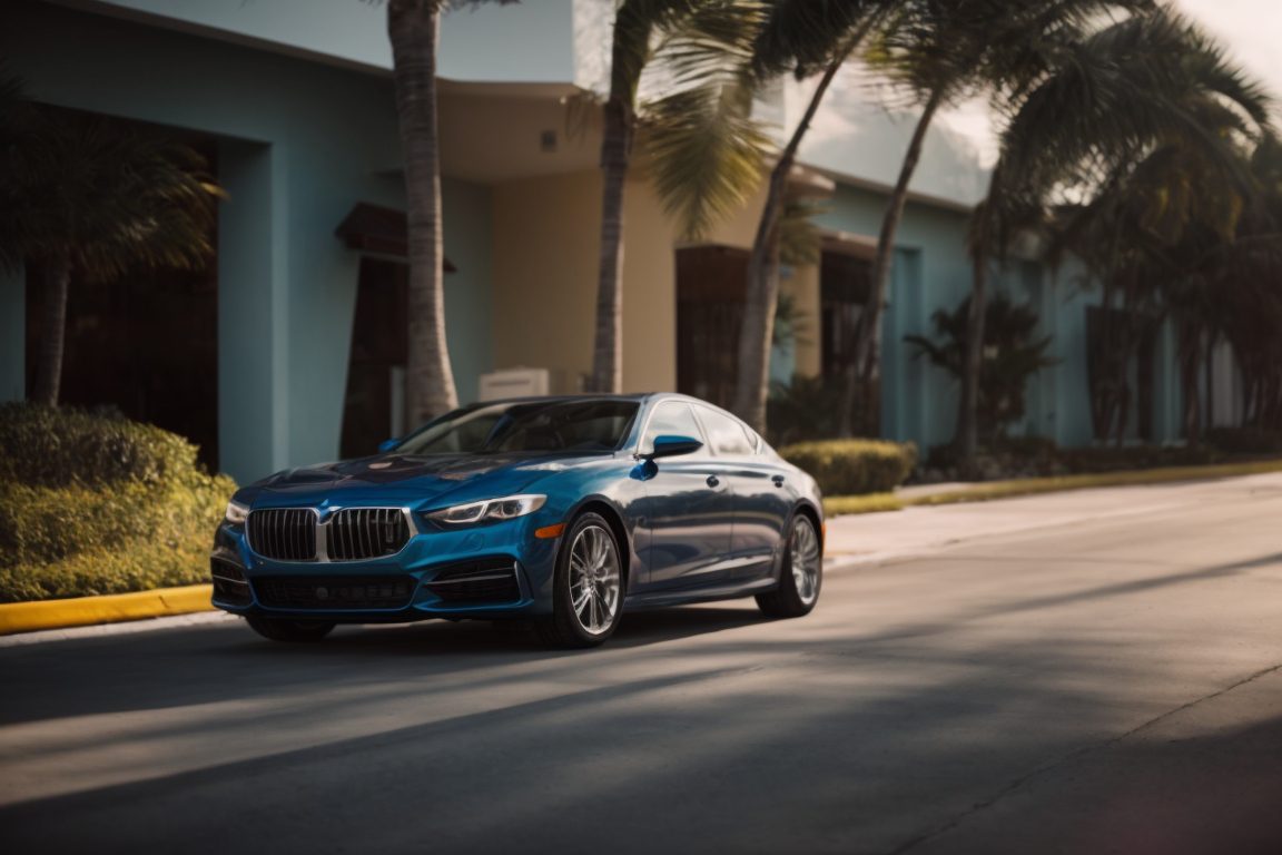 Car with tinted windows under Miami sunshine, UV protection and vehicle security emphasized