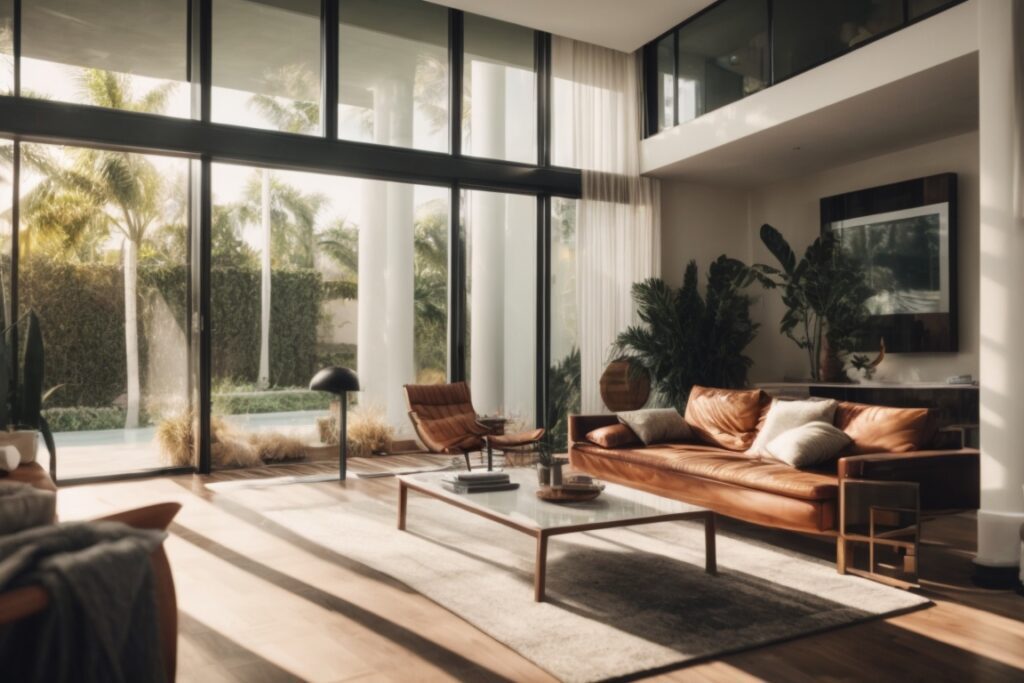 Miami home interior with heat reduction window film and bright sunlight