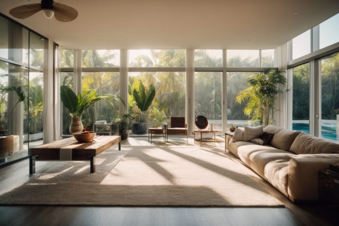 Interior of a Miami home with clear energy efficient window film, sunlight filtered through windows