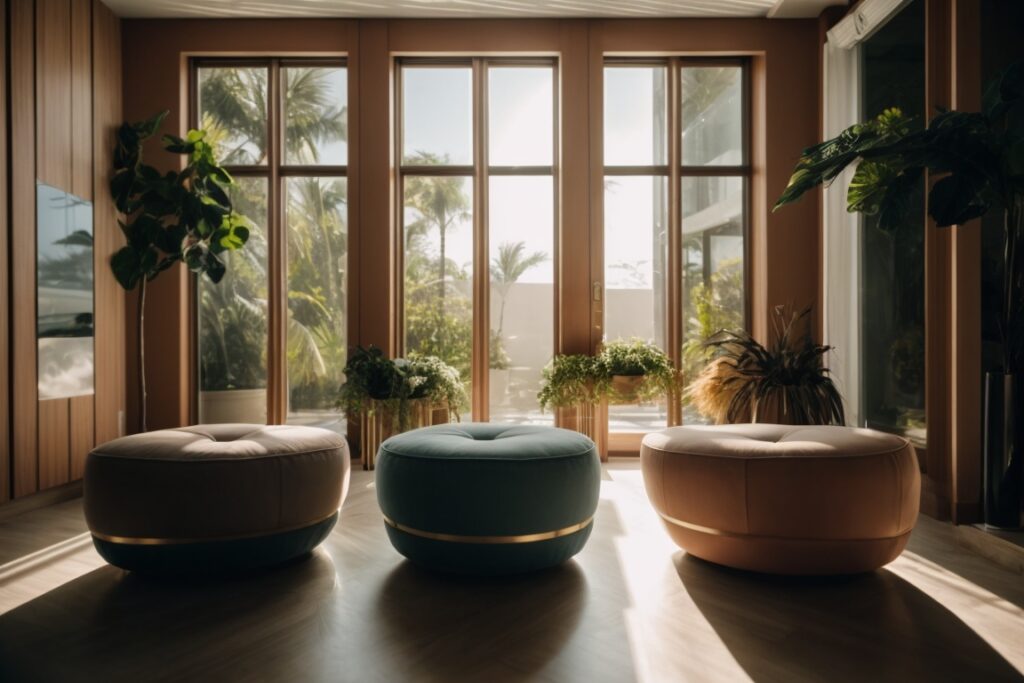 Miami room with decorative window film blocking intense sunlight