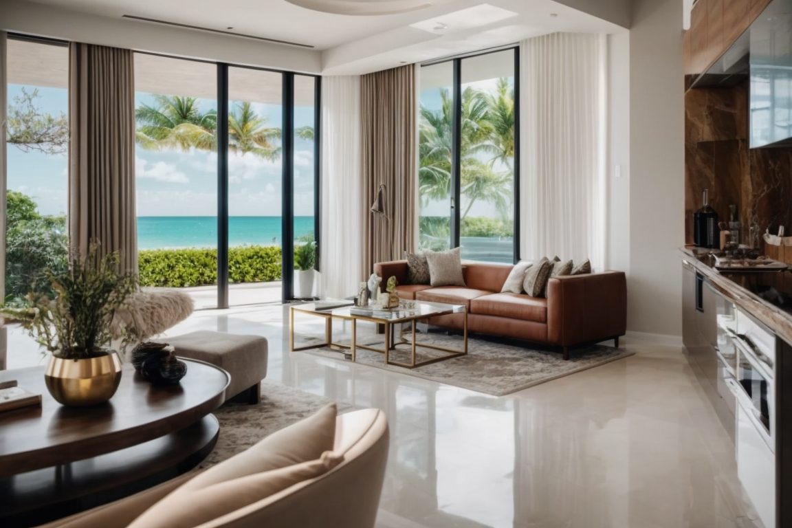 Interior of a stylish Miami home with decorative window film installed