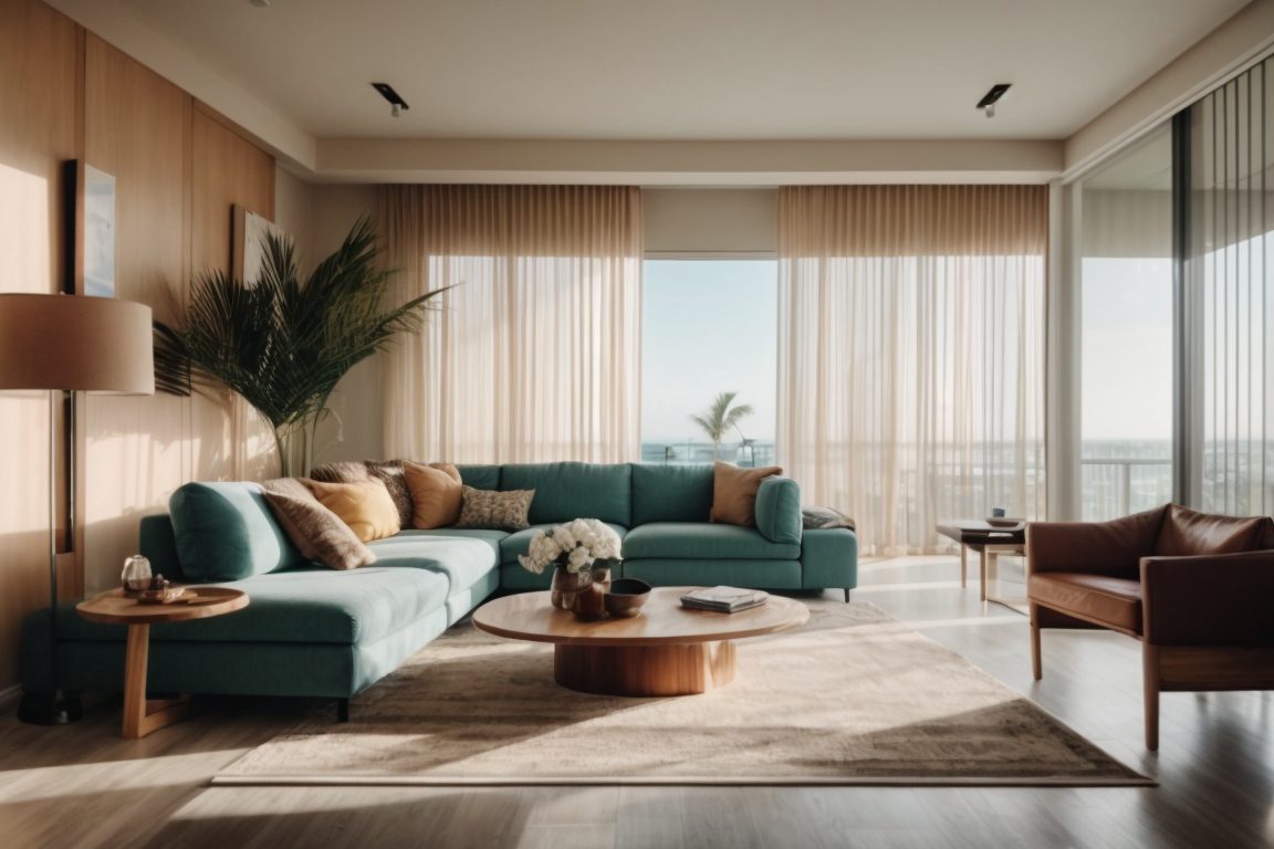 Sunny Miami home interior with decorative window film, natural light, stylish furniture