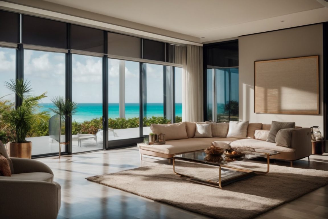 Miami home interior with UV protection window film showing reduced glare and preserved furniture colors