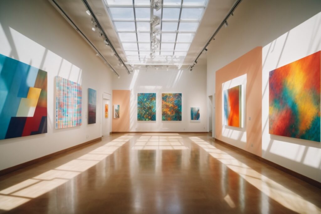 Miami art gallery interior with decorative opaque window film, sunlight filtered, vibrant colors