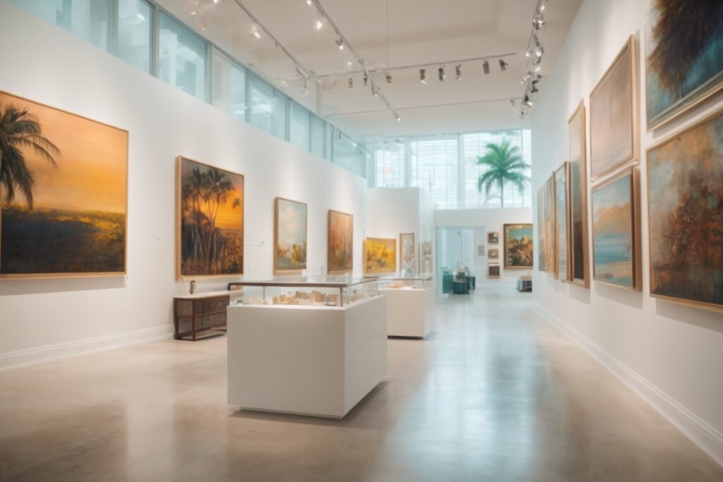 Art gallery in Miami with sun-faded paintings and luxurious decor, protected by climate control window film