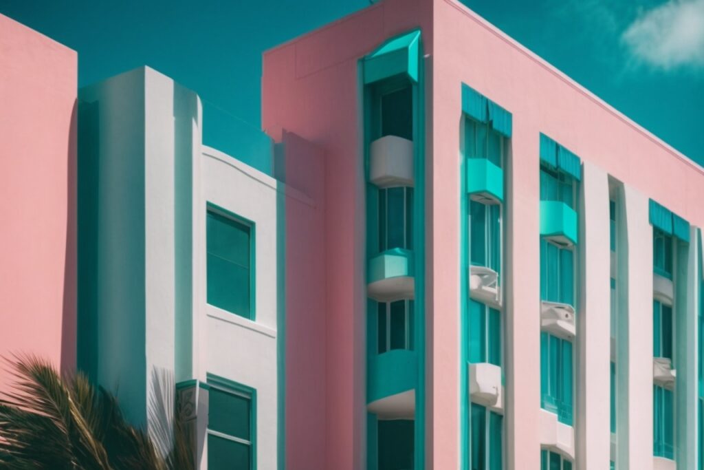 Art Deco Miami building with frosted window film, vibrant colors