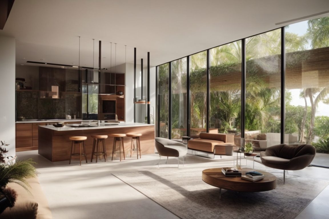Modern home with energy efficient window films, Miami sunshine, reduced heat interior