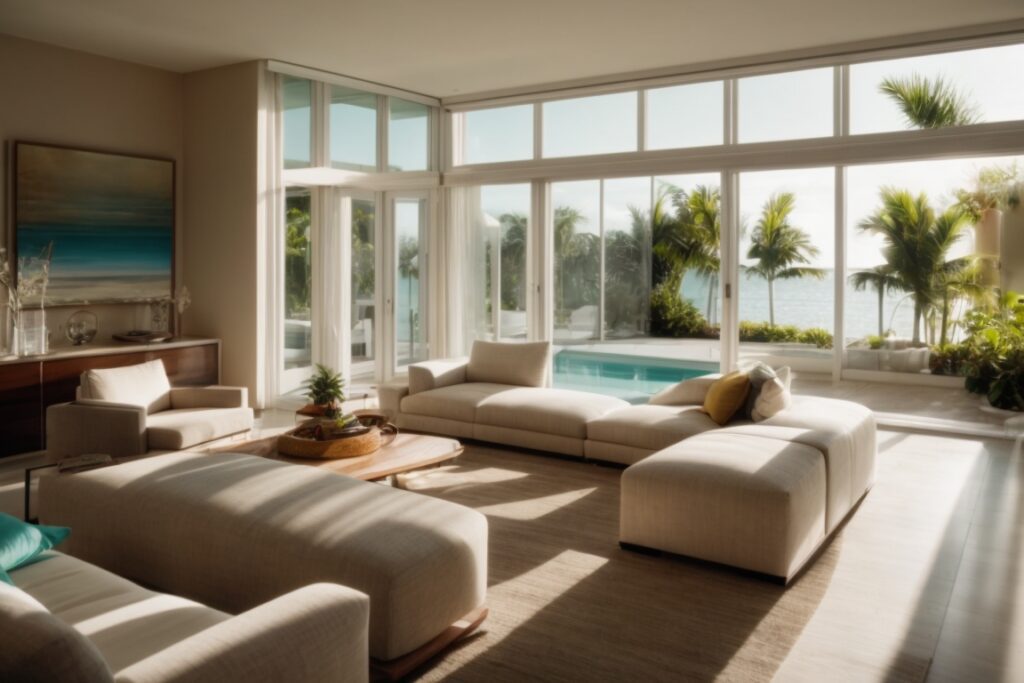Coastal Miami home interior with sunlight filtered through glare control window film