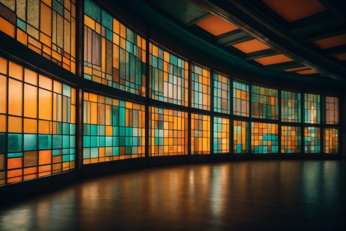 Art Deco style building interior with vibrant decorative window films